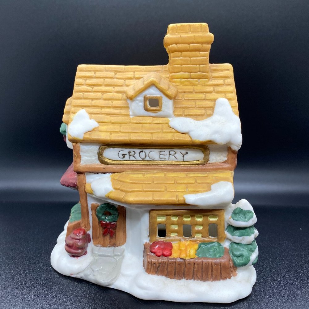 Vintage Porcelain Tea Light Christmas Village Grocery In Original Box